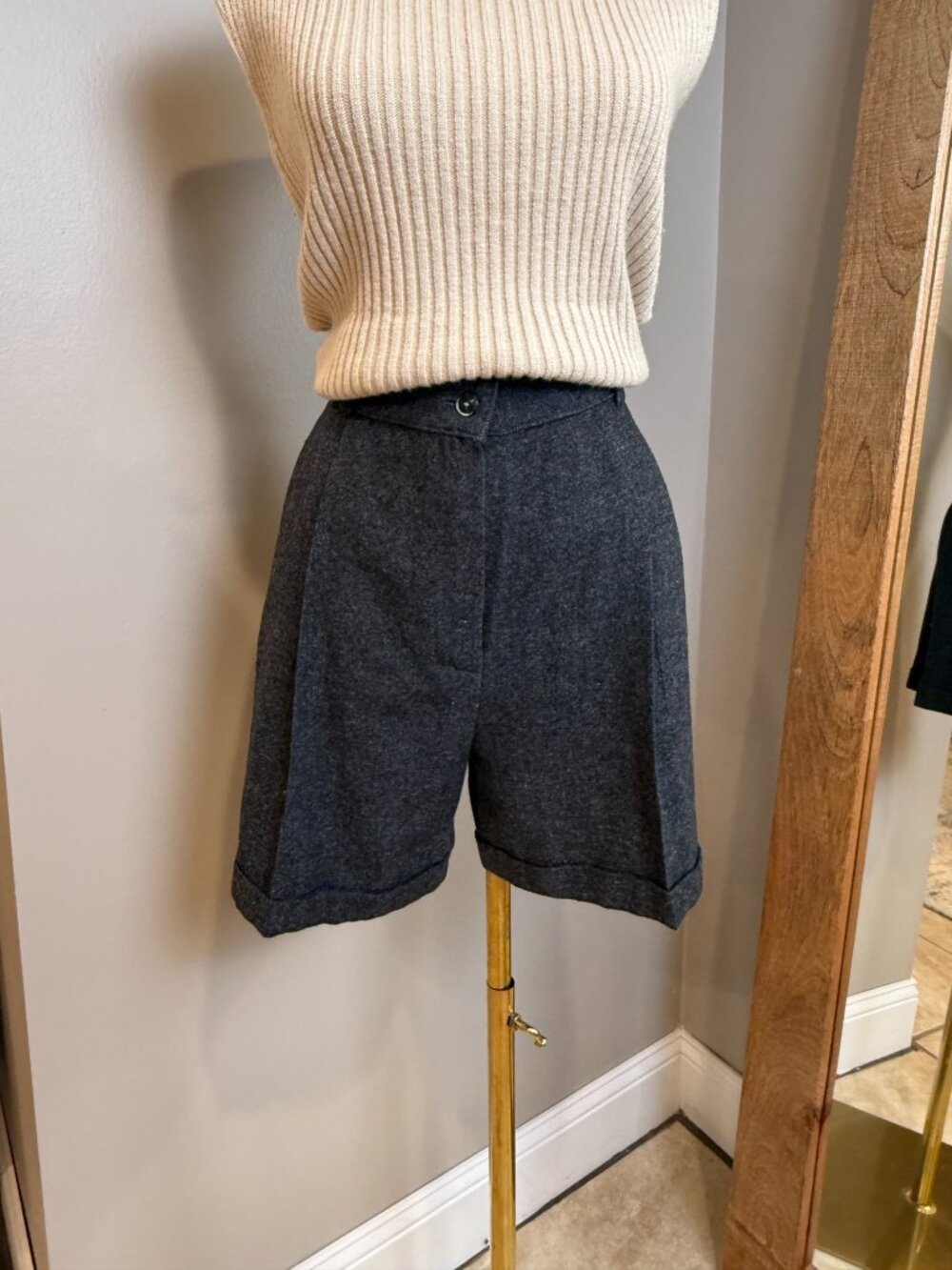 Gray Tweed Wool Blend High Waist Cuffed Trouser Shorts EU 38